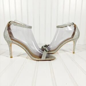 Badgley Mischka Silver Glitter Slinky Heel Women 8.5 Prom Glam Shoe with Bows